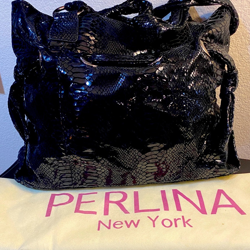 Perlina New York embossed black snakeskin Hobo purse.